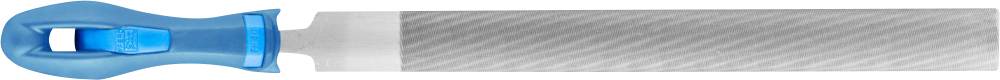 Metalna pila s plavom ručkom i dugačkim, strukturiranim metalnim tijelom.