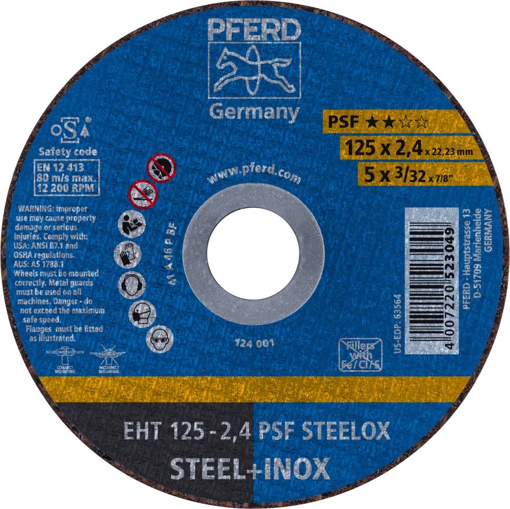 Brusni disk s natpisom 'PFERD Germany', promjera 125 mm, debljine 2,4 mm. Pogodan za čelik i nehrđajući čelik. Sadrži sigurnosna upozorenja.