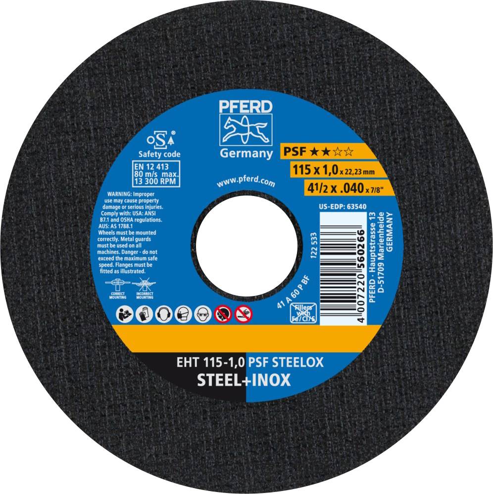 Brusna ploča za čelik i nehrđajući čelik, promjer 115 mm, debljina 1 mm, marka 'Pferd', model 'PSF Steelox', pogodan za kutne brusilice.