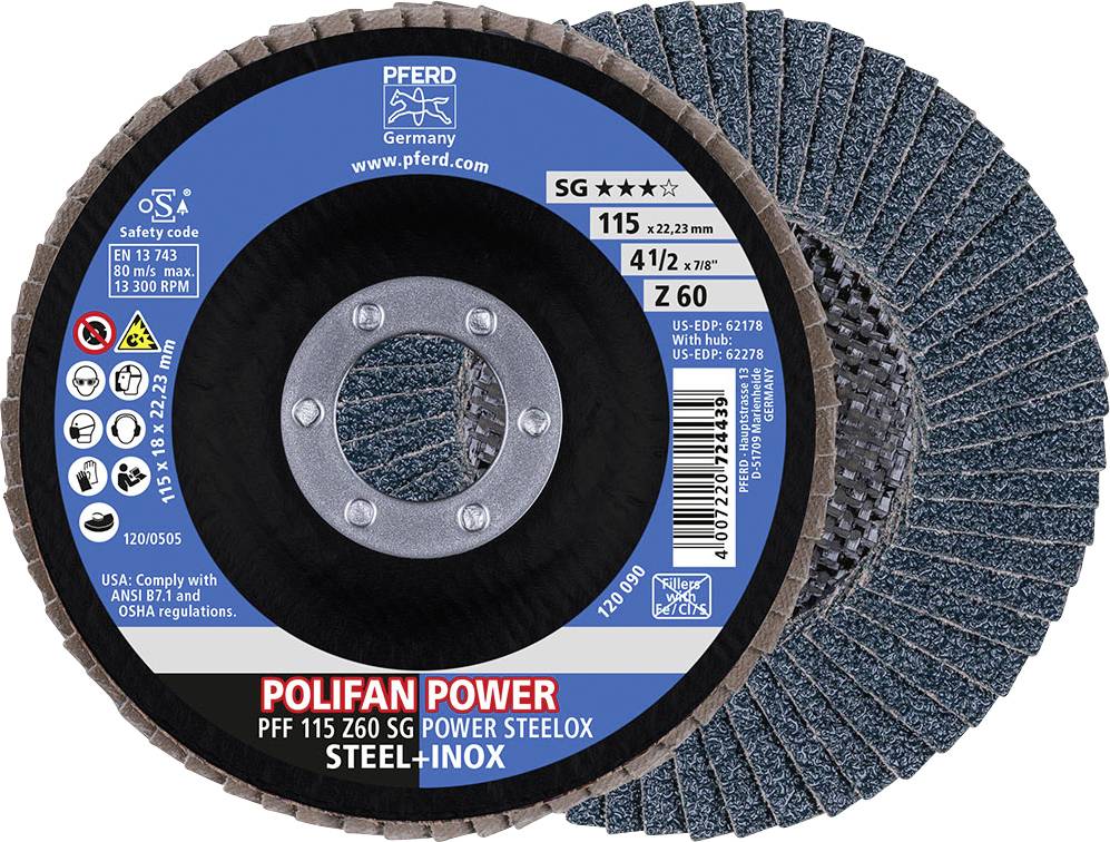 'POLIFAN POWER' brusni disk tvrtke PFERD za čelik i nehrđajući čelik, promjera 115 mm, provrt 22,23 mm, granulacija Z60, max. 13.300 o/min.