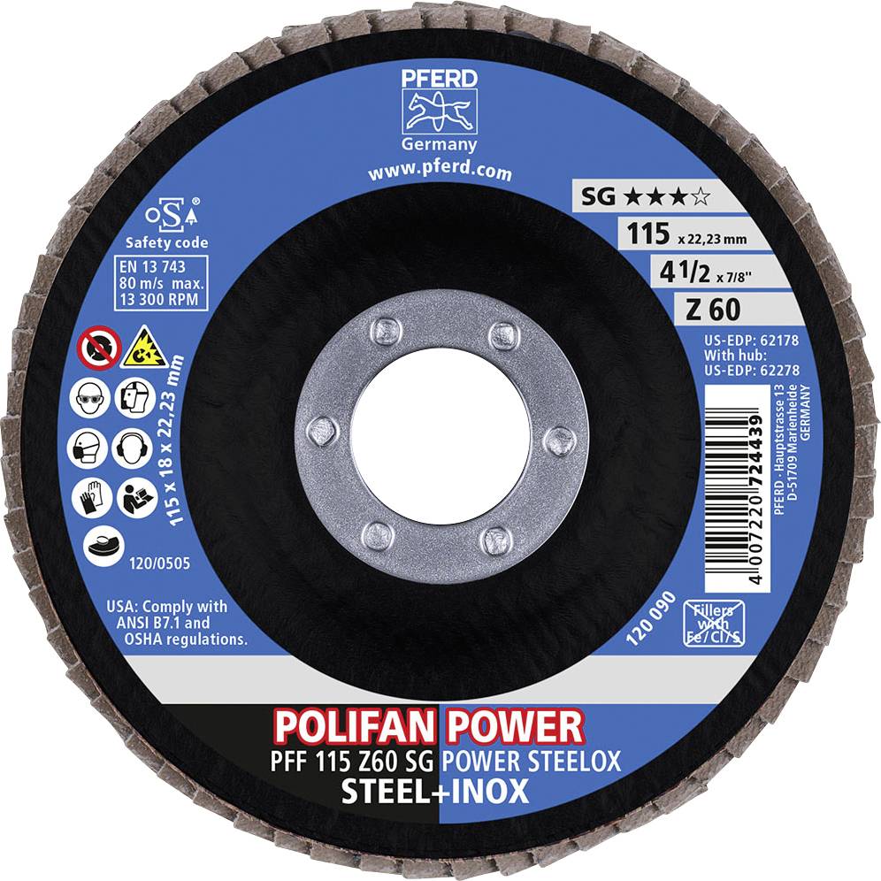Brusni disk POLIFAN POWER sa specifikacijama: promjer 115 mm, maksimalna brzina vrtnje 13.300 o/min, pogodan za čelik i nehrđajući čelik.