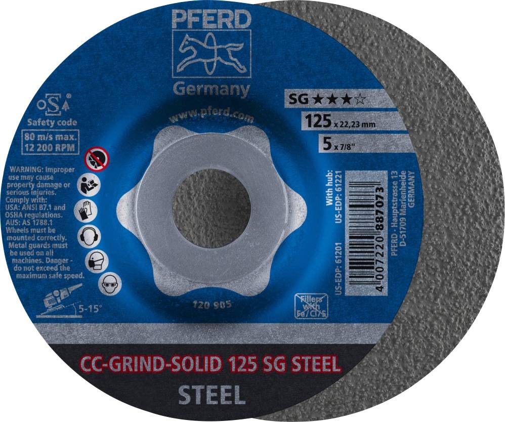 Brusni disk tvrtke PFERD Germany, tip CC-GRIND-SOLID 125 SG za čelik, maksimalno 80 m/s, 12.200 o/min, sigurnosne i upute za upotrebu.