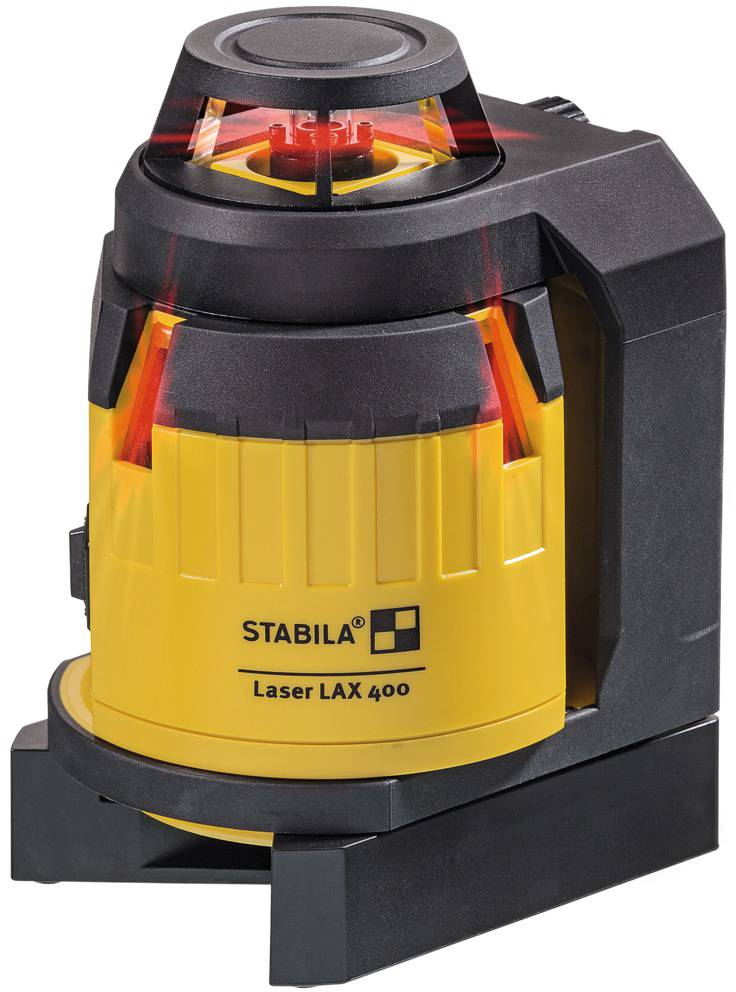 Žuti laserski nivelator s crnim kućištem, model 'STABILA Laser LAX 400', projicira crvene laserske linije.