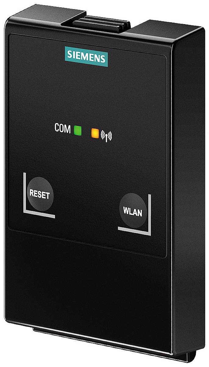 Crni Siemens WLAN modul s 'RESET' i 'WLAN' tipkama. Prikazuje COM status pomoću LED indikatora. Koristi se za bežično umrežavanje.