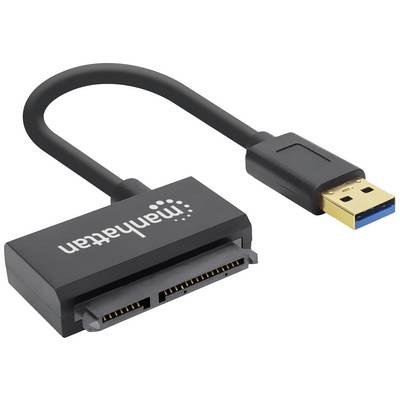 USB na SATA adapter kabel, crne boje, s markom 'Manhattan' na adapteru, za spajanje SATA hard diskova s USB priključcima.
