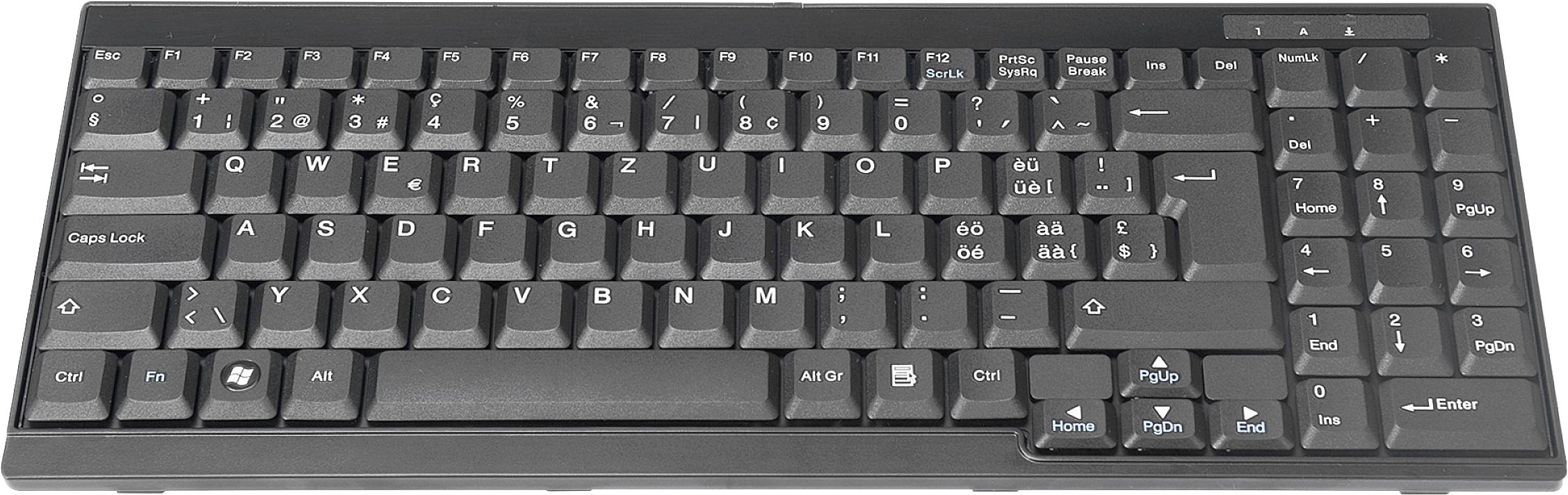 Crna računalna tipkovnica s njemačkim slovima i standardnim rasporedom tipki.