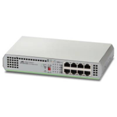 Srebrni mrežni switch s osam Ethernet priključaka, LED indikatorima statusa i ventilacijskim otvorima sa strane.
