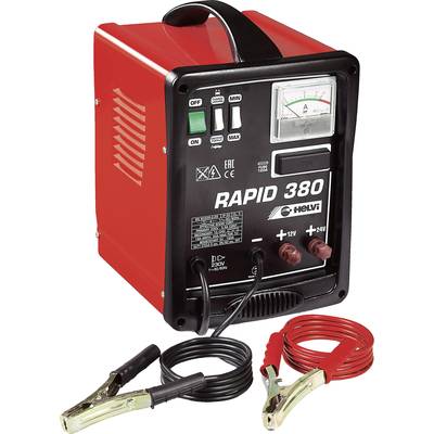 Crveni punjač baterija 'RAPID 380' tvrtke Helvi s kabelima i stezaljkama za 12V i 24V baterije.