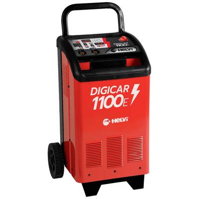 Crveni punjač baterija s natpisom 'DIGICAR 1100E' marke Helvi, postavljen na dva kotača radi jednostavne mobilnosti.