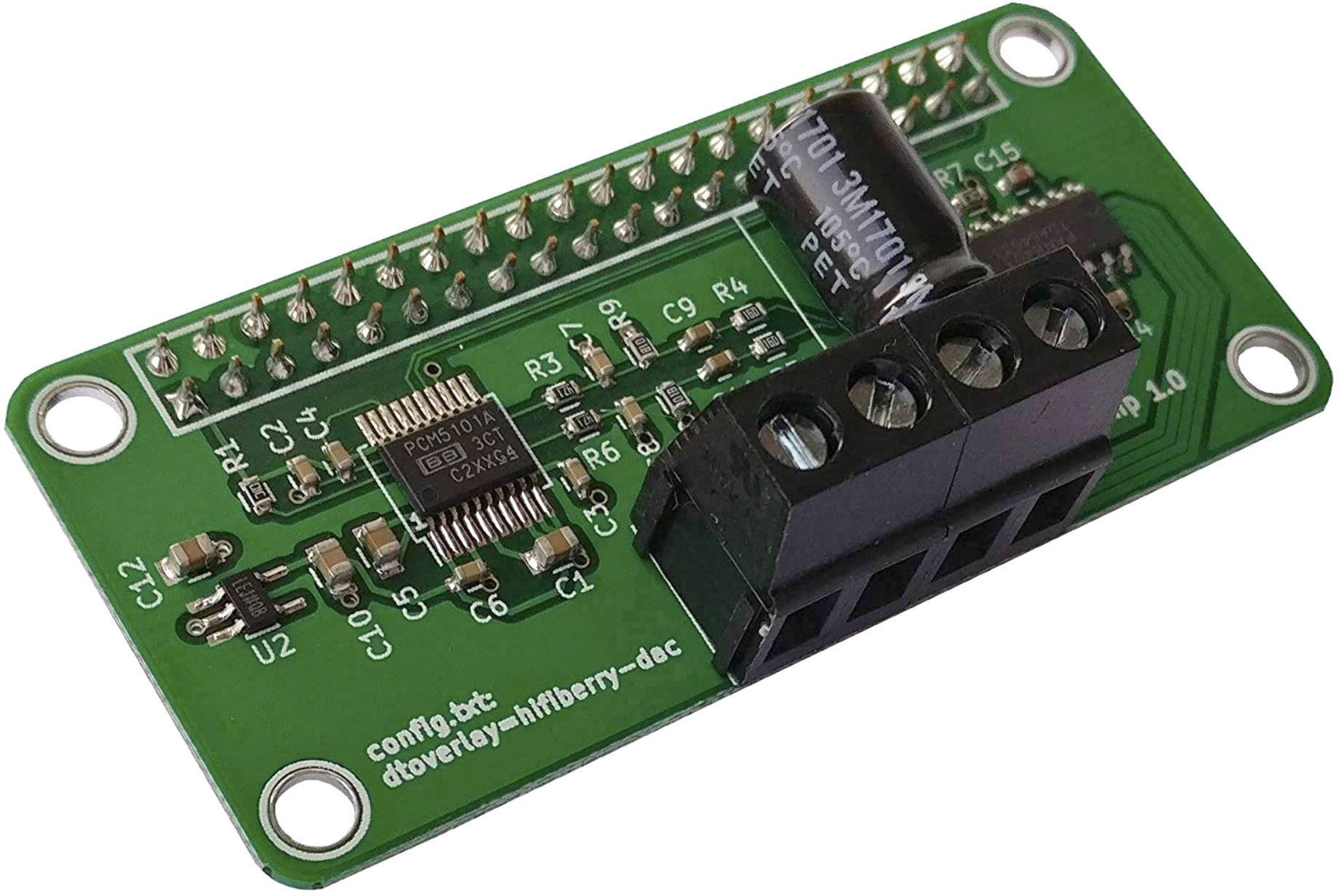 Elektronička pločica sa zelenom PCB pločicom, opremljena različitim otpornicima, mikročipom i crnim priključnim stezaljkama u gornjem desnom kutu.