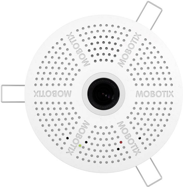 Okrugla, bijela nadzorna kamera s Mobotix logotipom. Sadrži centralnu leću i perforiran dizajn za tonski zapis.
