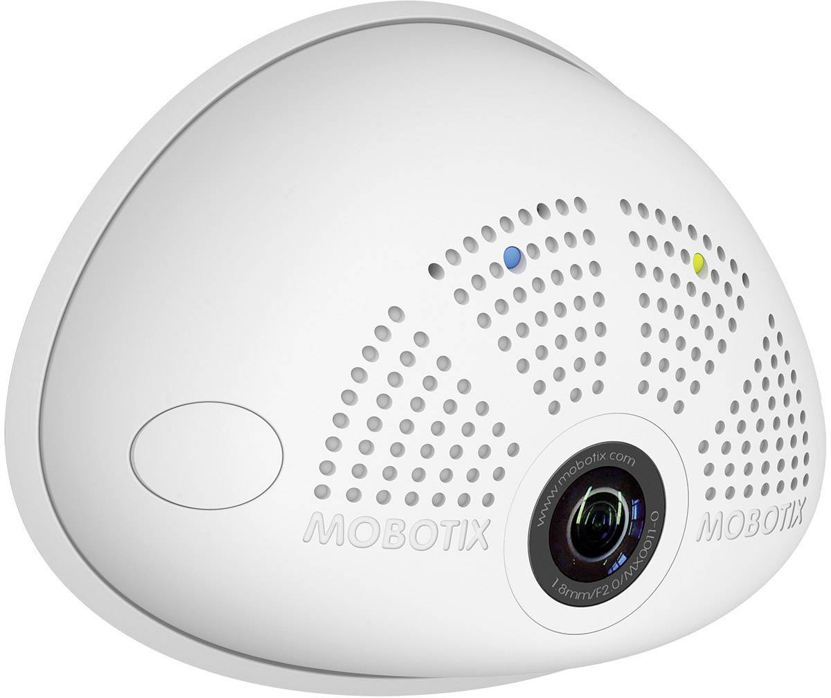 Bijela, trokutasta nadzorna kamera tvrtke Mobotix s centralnom lećom i dvije male indikatorske lampice na prednjoj strani.