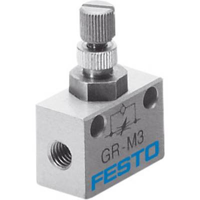 Prigušni ventil tvrtke Festo oznake 'GR-M3', metalno kućište, bočni priključak, vijak za fino podešavanje protoka.