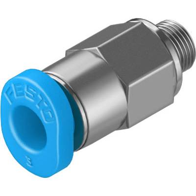 Festo pneumatski metalni priključak s plavim plastičnim poklopcem, vjerojatno pogodan za crijeva ili cijevi.