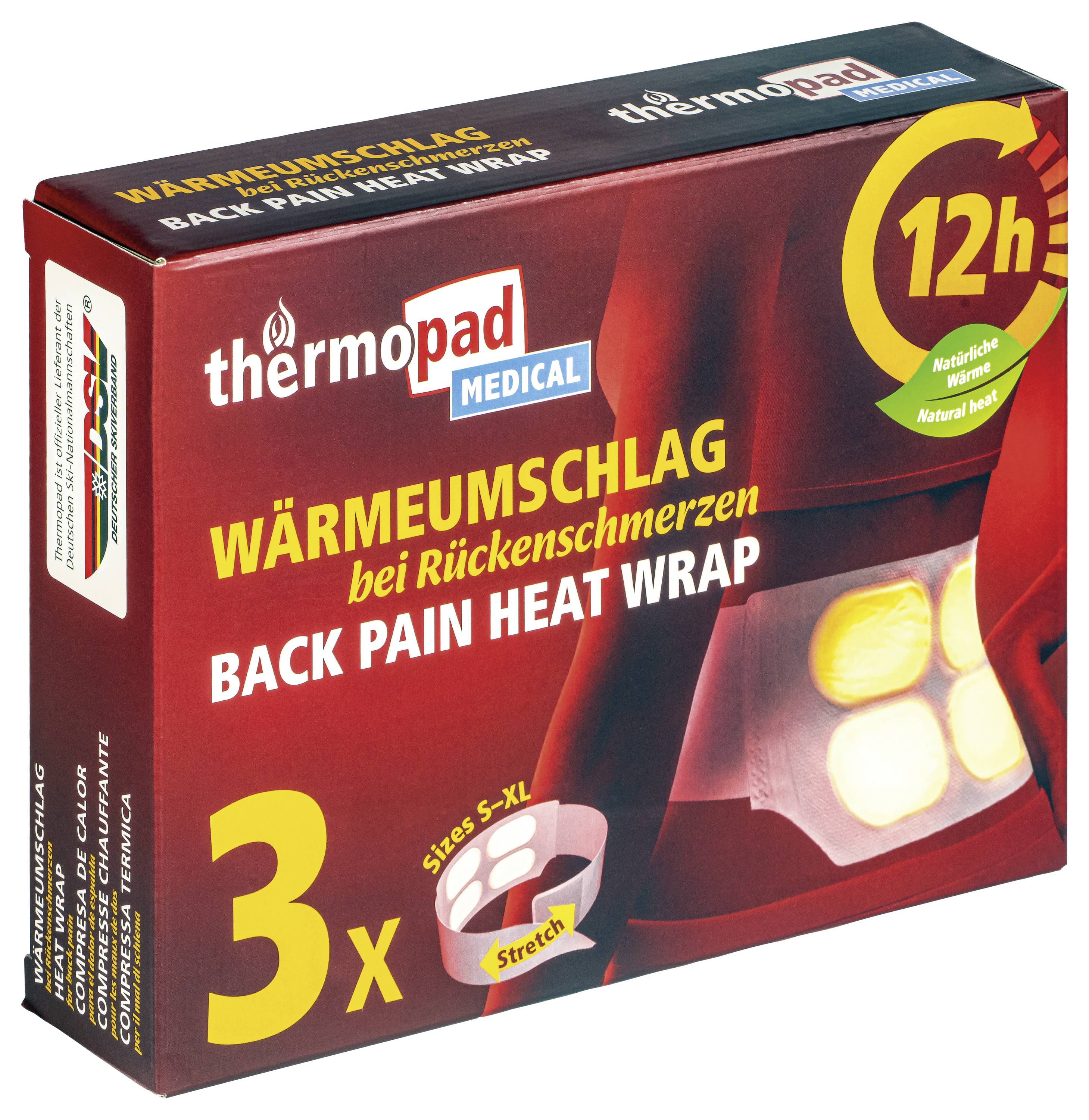 Kutija toplih obloga za leđa Thermopad Medical, označena 'Toplinski oblog za leđa', 'Wärmeumschlag bei Rückenschmerzen', pakovanje od 3 komada, toplina od 12 sati.