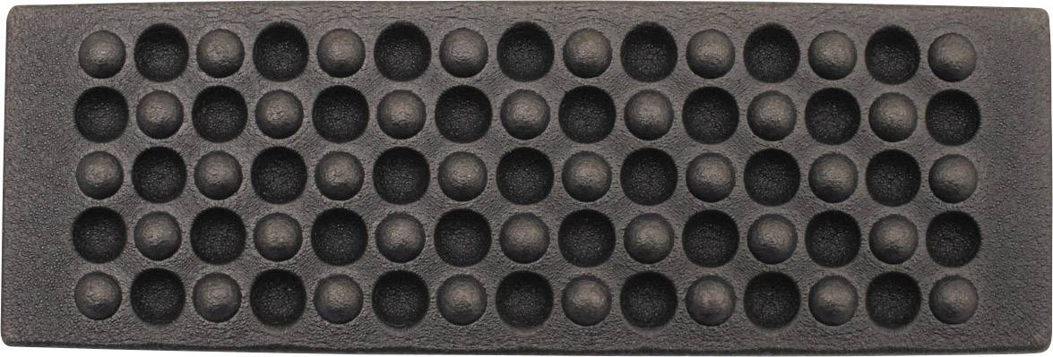 Pravokutni, crni kalup za pečenje s nekoliko okruglih udubina za pripremu poffertjesa.