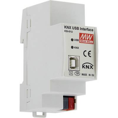 KNX USB sučelje od Mean Well-a, model KSI-01U, s USB i KNX priključcima, CE certifikatom, proizvedeno u EU.