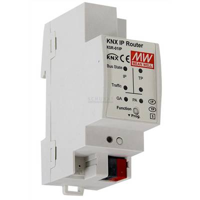 KNX IP usmjerivač KSR-01IP tvrtke Mean Well, uređaj za umrežavanje sustava upravljanja zgradama, s priključcima i LED indikatorima.