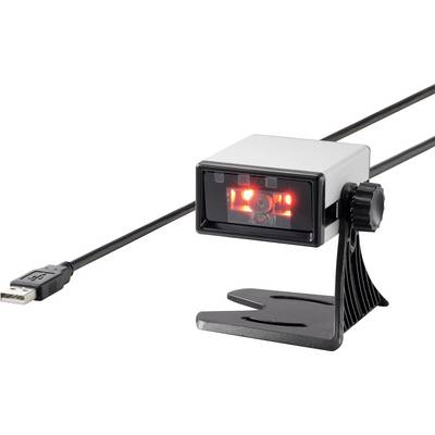 Čitač barkodova s USB kabelom, montiran na crnom postolju. Skener prikazuje crvenu svjetlost na prednjoj strani.