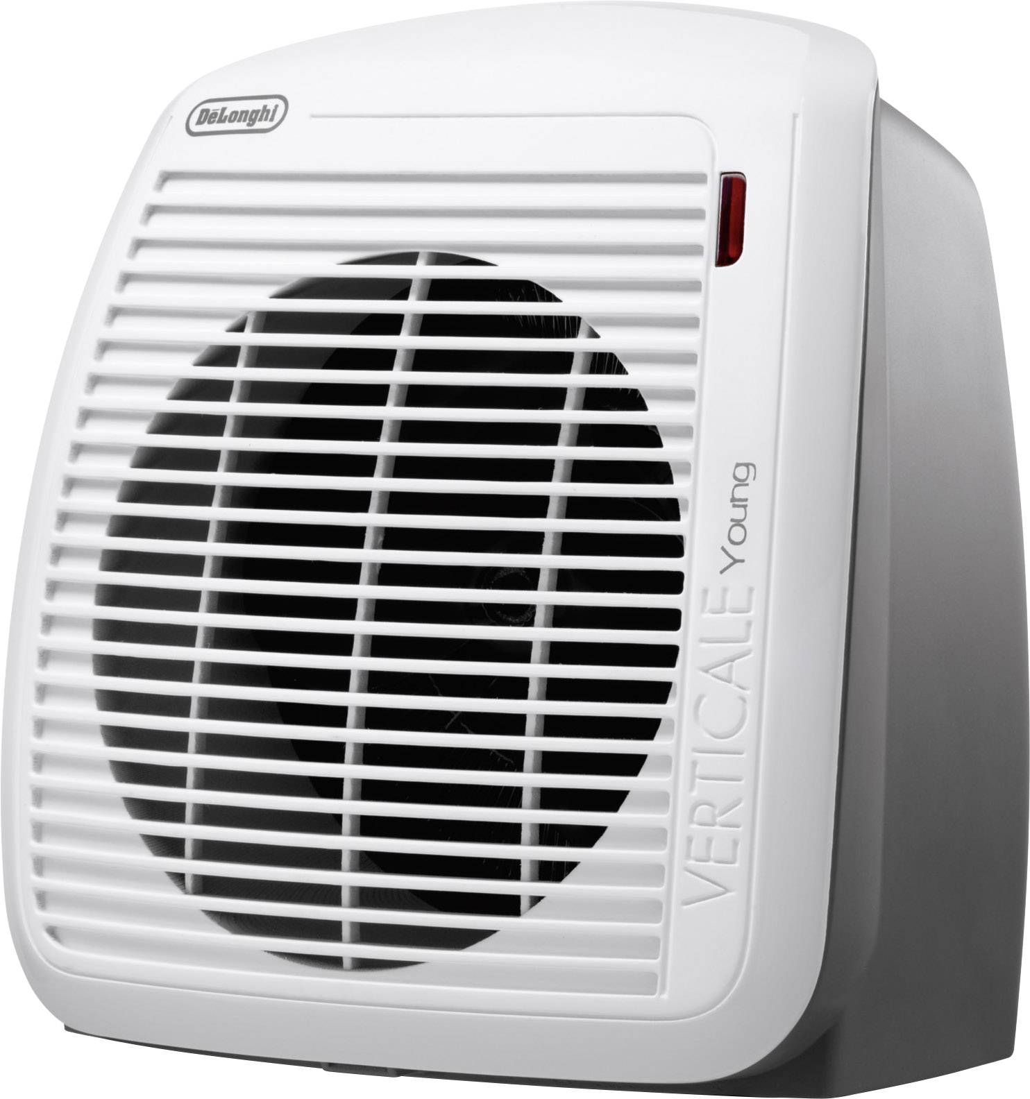 Bijeli električni ventilatorski grijač s rešetkom za ventilaciju i natpisom 'VERTICALE Young' sa strane.