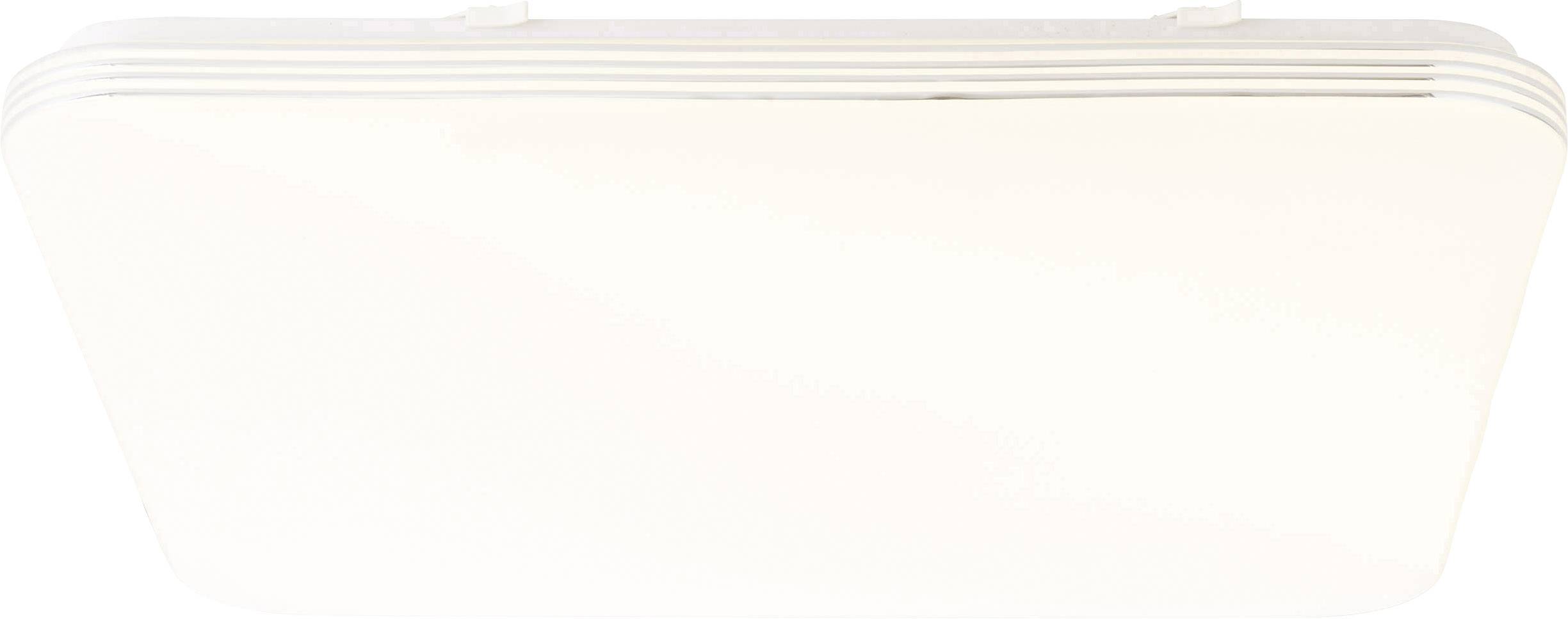 Pravokutna, bijela stropna svjetiljka zaobljenih rubova i jednostavnog dizajna.