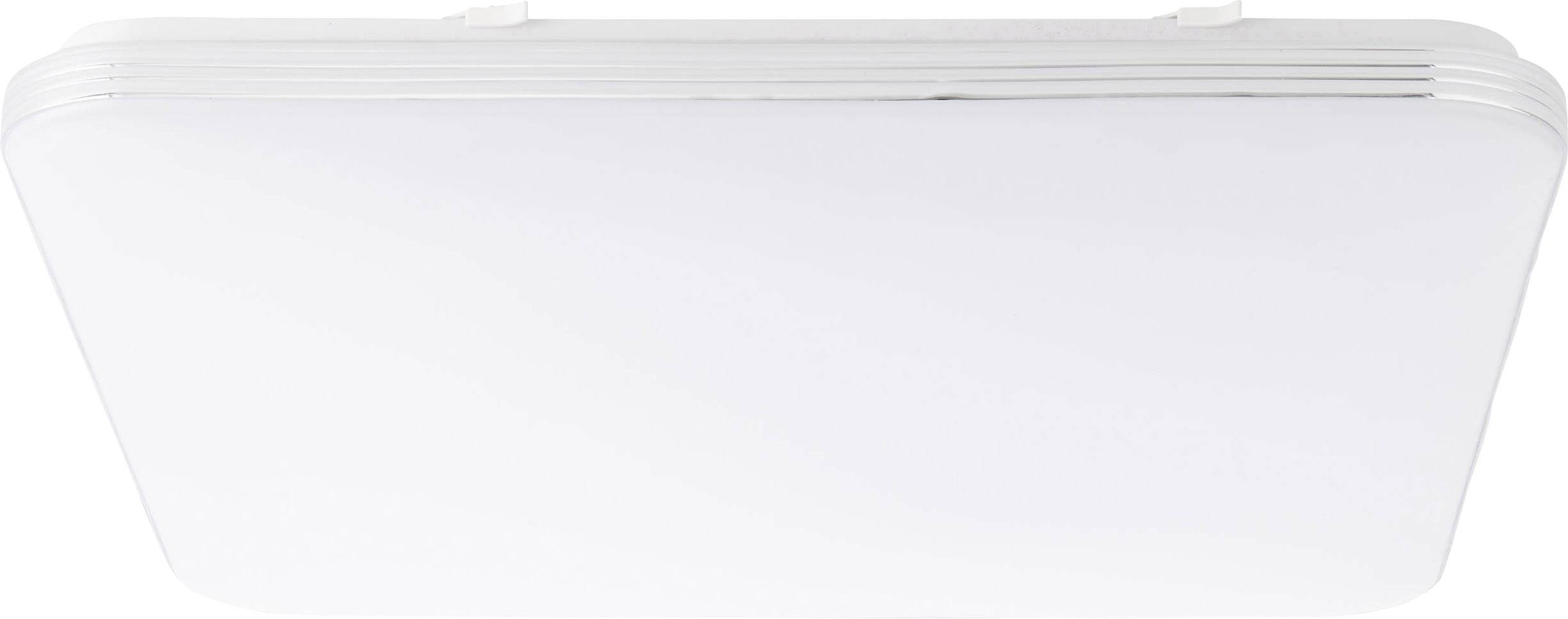 Pravokutna, ravna stropna svjetiljka u bijeloj boji, zaobljenih rubova i jednostavnog, modernog dizajna.