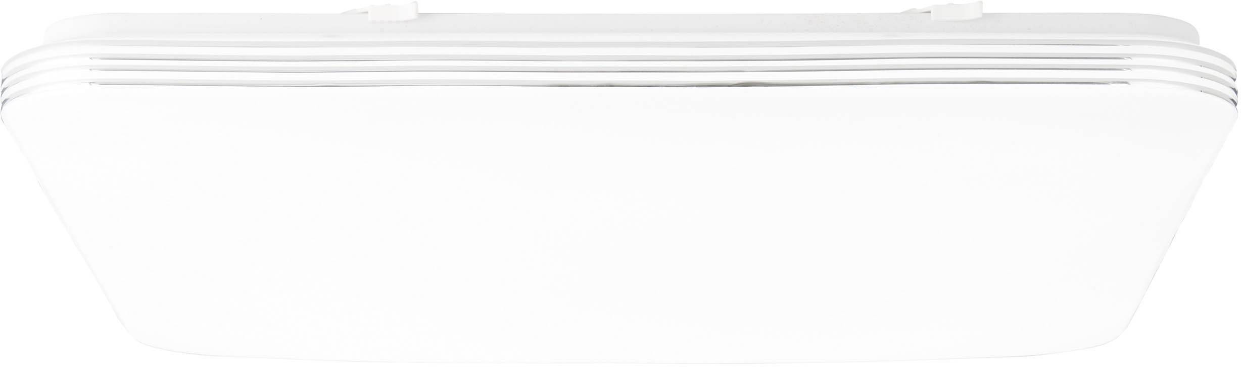 Bijela, pravokutna stropna svjetiljka sa zaobljenim rubovima i jednostavnim, modernim dizajnom. Idealna za minimalistički uređene prostore.