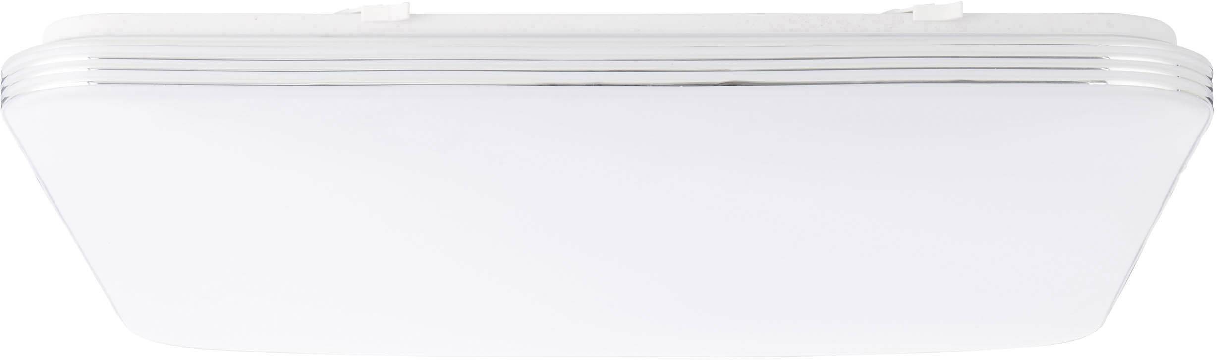 Pravokutna stropna svjetiljka s bijelim kućištem i srebrnim naglascima, pogodna za moderne interijere.