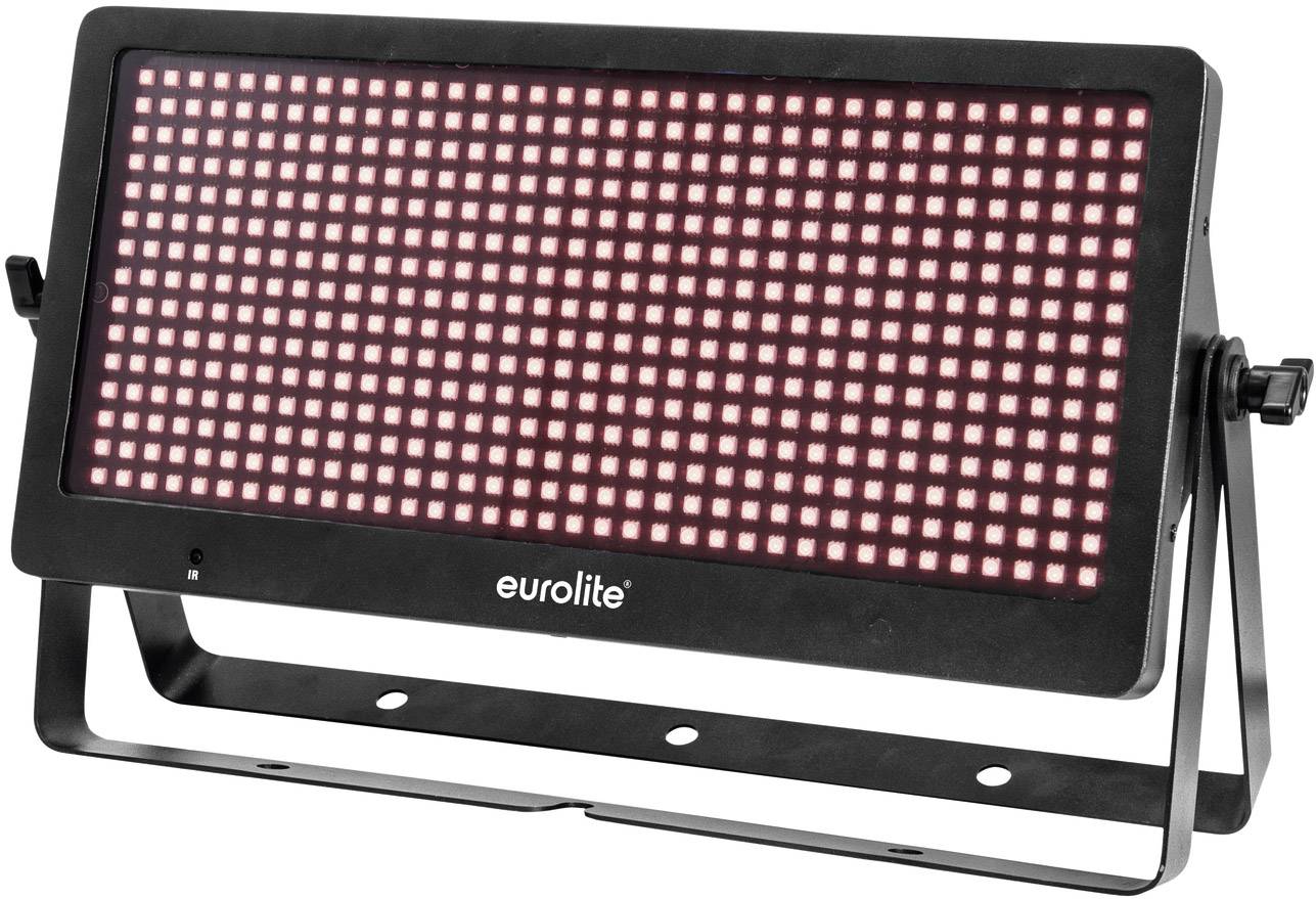 Crni LED panel osvjetljenja s crvenim rešetkastim uzorkom, postavljen na podesivi stalak. Logotip marke 'eurolite'.