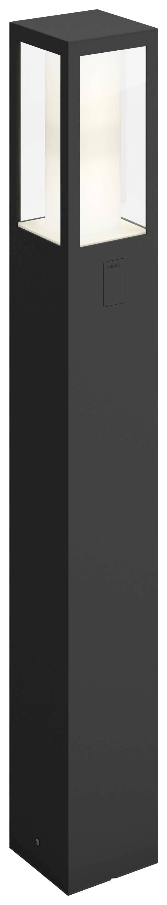 Crni, moderni vanjski stupić rasvjete s prozirnim gornjim dijelom, prikazuje dizajn rasvjete.