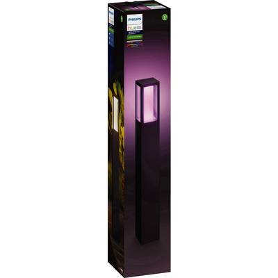 Ambalaža za 'Philips Hue White and Color Ambiance' lampu s prikazom elegantne, tanke, tamne podne lampe s mogućnostima osvjetljenja u više boja.
