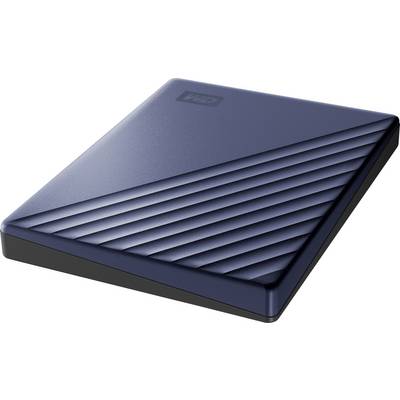 Vanjski tvrdi disk u tamno plavoj boji s dijagonalnim prugama na gornjoj strani, označen logotipom 'WD' na vrhu.
