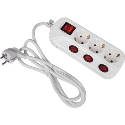 Bijela višestruka utičnica s tri utičnice i jednim sklopkom za uključivanje/isključivanje. Na nju je priključen električni kabel.