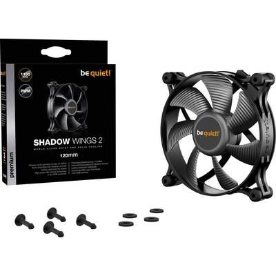 Crna kutija ventilatora za računalo s natpisom 'be quiet! SHADOW WINGS 2 120mm', pored koje se nalazi ventilator i vijci za montažu.