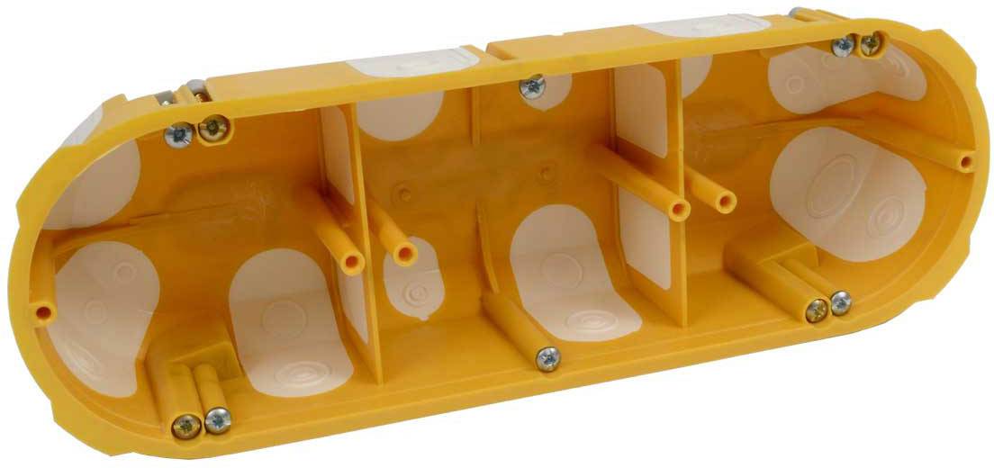 Narančasta plastična podžbukna kutija s više učvrsnih vijaka, uglavnom korištena za električne instalacije.