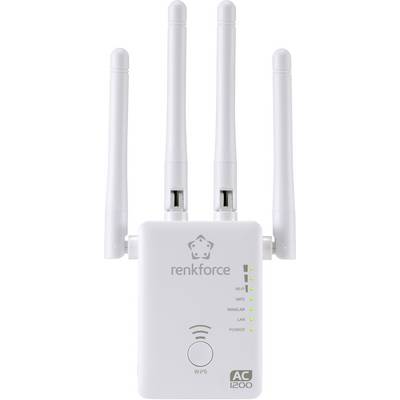 Bijeli WLAN-repeater marke 'renkforce' s četiri antene i LED indikatorima za WLAN vezu, WPS, WAN/LAN i napajanje.