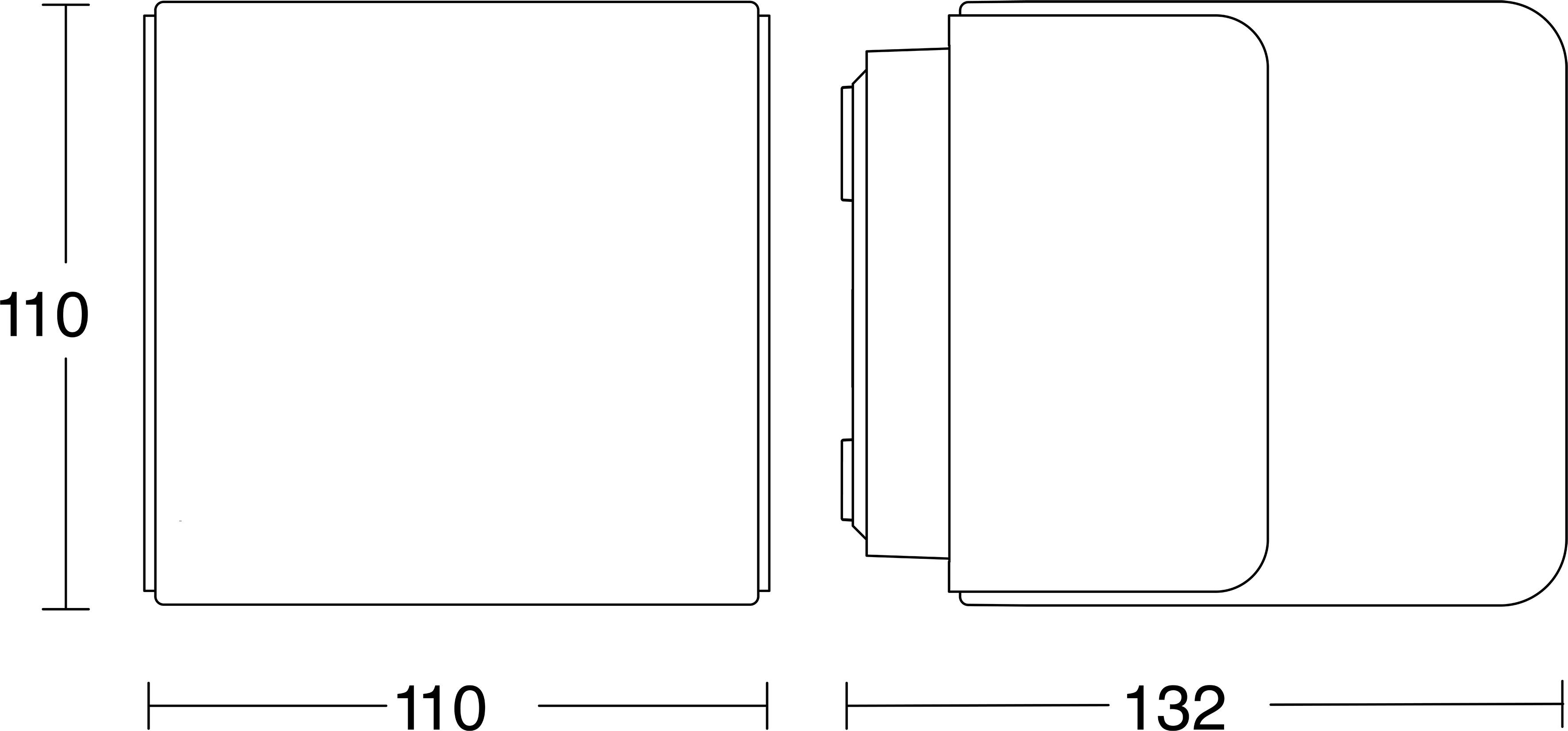 Tehnički crtež zidno montiranog kvadratnog uređaja prikazan je u prednjoj i bočnoj projekciji, s označenim dimenzijama 110 mm širine i 132 mm dubine.