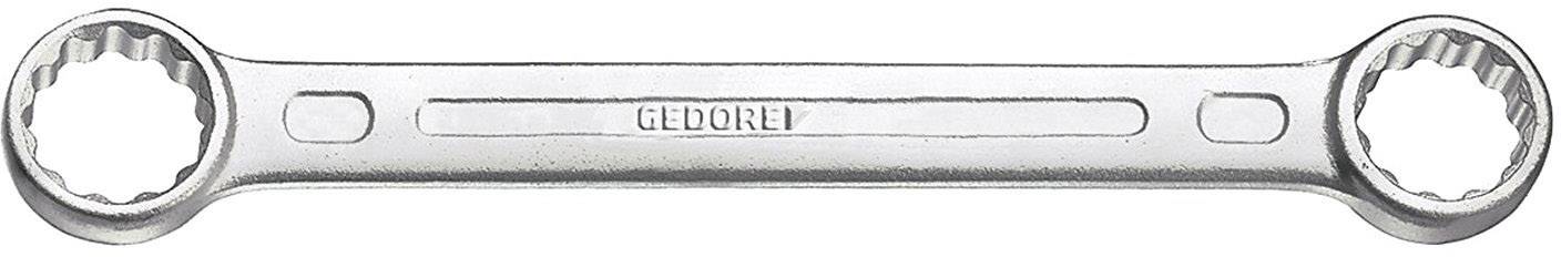 Srebrni prstenasti ključ s natpisom 'GEDORE' na sebi prikazuje dvije šesterokutne otvore različitih veličina na svojim krajevima.