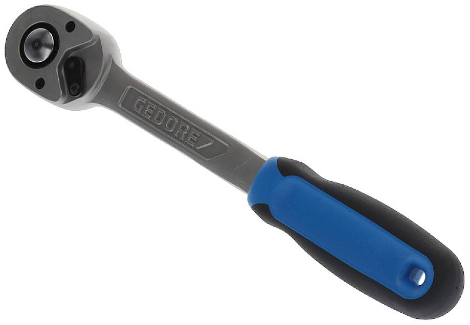 Čegrtaljka s ergonomskom ručkom, djelomično plavo-crne boje. Marka 'Gedore' ugravirana je na metalnom tijelu.