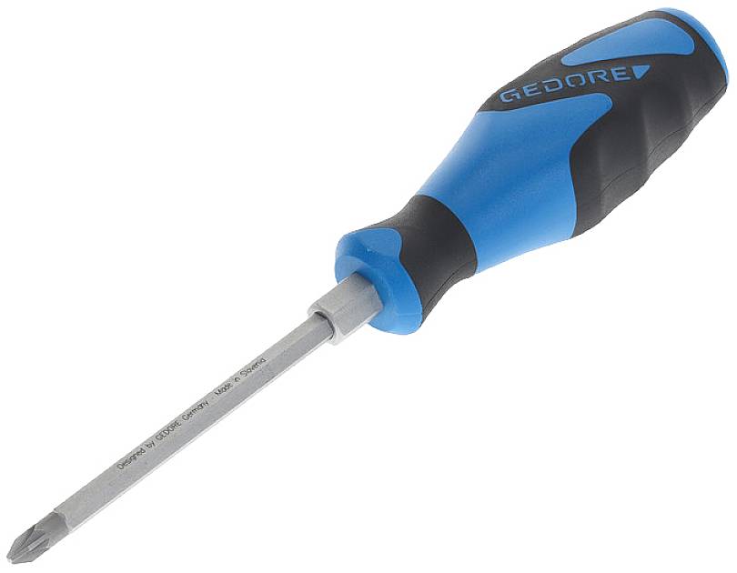 Plavi križni odvijač s crnom ergonomskom ručkom, ispisanim imenom marke i srebrnim metalnim vrhom.