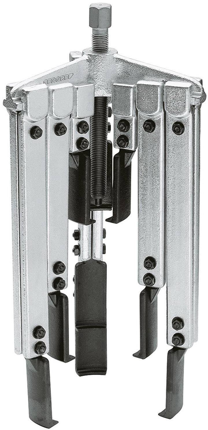 Mehanički izvlakač s tri podesive ruke za uklanjanje ležajeva ili zupčanika. Srebrni metal s crnim detaljima.