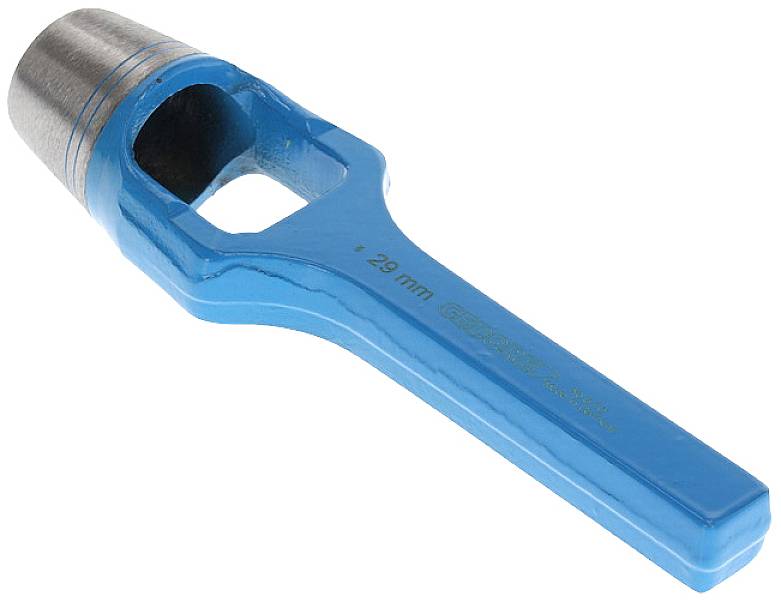 Plavi metalni šuplji štancer s cilindričnom oštricom i ručkom, pogodan za precizno probijanje rupa od 20 mm u različitim materijalima.