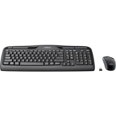Bežični set tipkovnice i miša na bijeloj pozadini. Uključuje USB prijemnik. Miš ima ergonomski oblik.