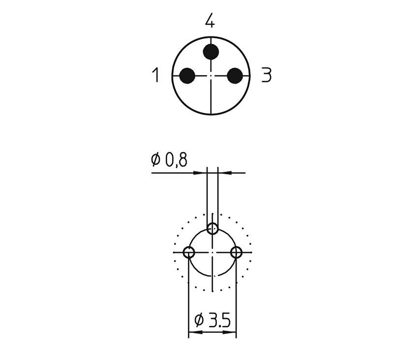 Tehnički nacrt kružnog konektora s četiri numerirana priključna mjesta. Dimenzije: Ø 0,8 mm i Ø 3,5 mm.
