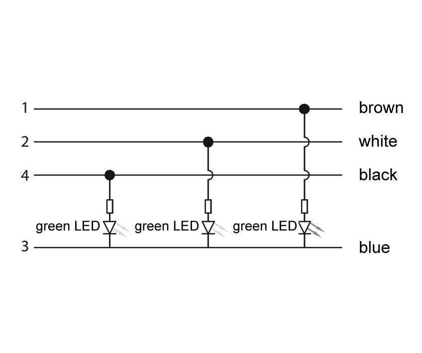 Električki razvodni plan s tri zelene LED diode spojene serijski na liniji 3, povezane plavom linijom. Linije 1, 2, 4 u smeđoj, bijeloj, crnoj boji.