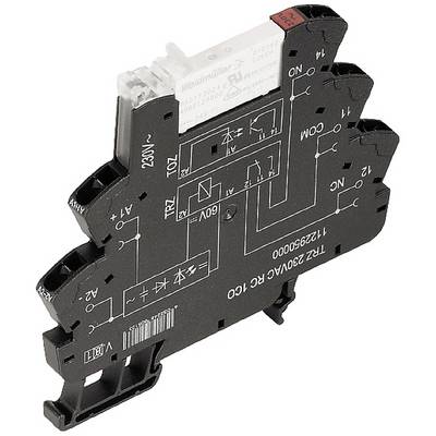 Elektromehničko relej Weidmüller 250V, 6A, na crnoj bazi s transparentnim modulom, oznake prikazuju detalje priključaka.