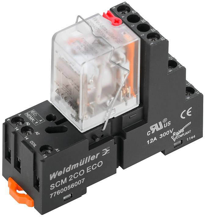 Električni relej marke Weidmüller, model 'SCM 2CO ECO', za nazivni napon od 300 V i strujni intenzitet od 12 A.