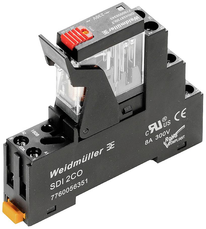 Weidmüller SDI 2CO relejna jedinica, crna s crvenim gumbom, s natpisom i električnim simbolima, pogodan za 8A 300V.