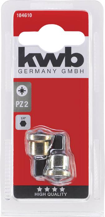 Pakiranje KWB Germany GmbH-a s dva metalna nastavka. Otisak: 'PZ2', '1/4''', 'VISOKA KVALITETA', s tri zvijezde i brojem 104610.