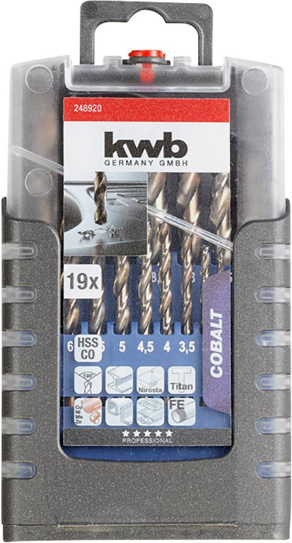 Set svrdla od 1,5 do 6 mm promjera, 19 dijelova, pogodan za HSS, Co, čelik i više, marka 'kwb Germany GmbH'.
